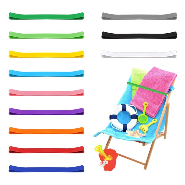 KINBOM 12 Pcs Beach Towel Bands, Rubber Elastic Beach Towel Holder Beach Accessories, A New Alternative for Beach Chair Clips, Multicolor Towel Bands for Beach Chairs Swim Vacation (11.8x0.4 Inch)