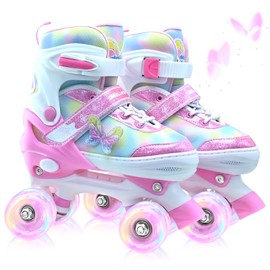 SMOOJOY Kids Roller Skates for Girls-Outdoor 4 Size Adjustable Butterfly Quad Rollerskates for Indoor Ages 3-12 Years Beginners Children's Birthday Gift with Light Up Wheels patines para niñas Indoor