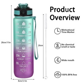 chongning 1L Sport Water Bottles with Straw & Time Maker Leak-proof, BPA-free Plastic Drink Bottle for Girls, Boys, Gym, Cycling, Office, Outdoor (Green Purple)