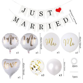 15 Piece Elegant Just Married Decorations Set, Includes Banners, Mr & Mrs Balloons, Perfect Wedding Decorations for Newlyweds, Ideal for Wedding Parties, Honeymoon Rooms, and Celebrations