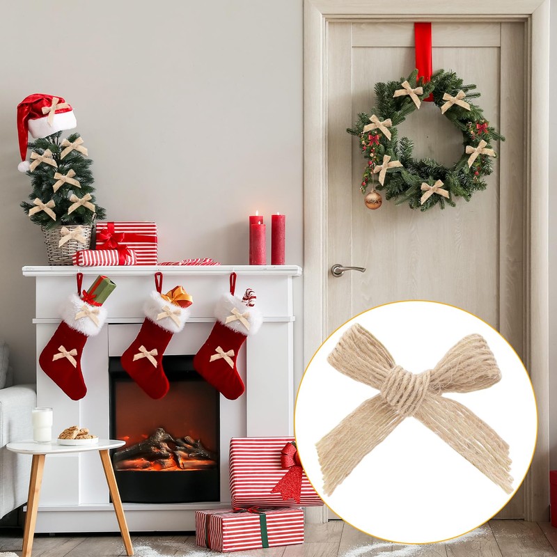 100pcs Christmas Mini Burlap Bows, Linen Handmade Mini Bow for