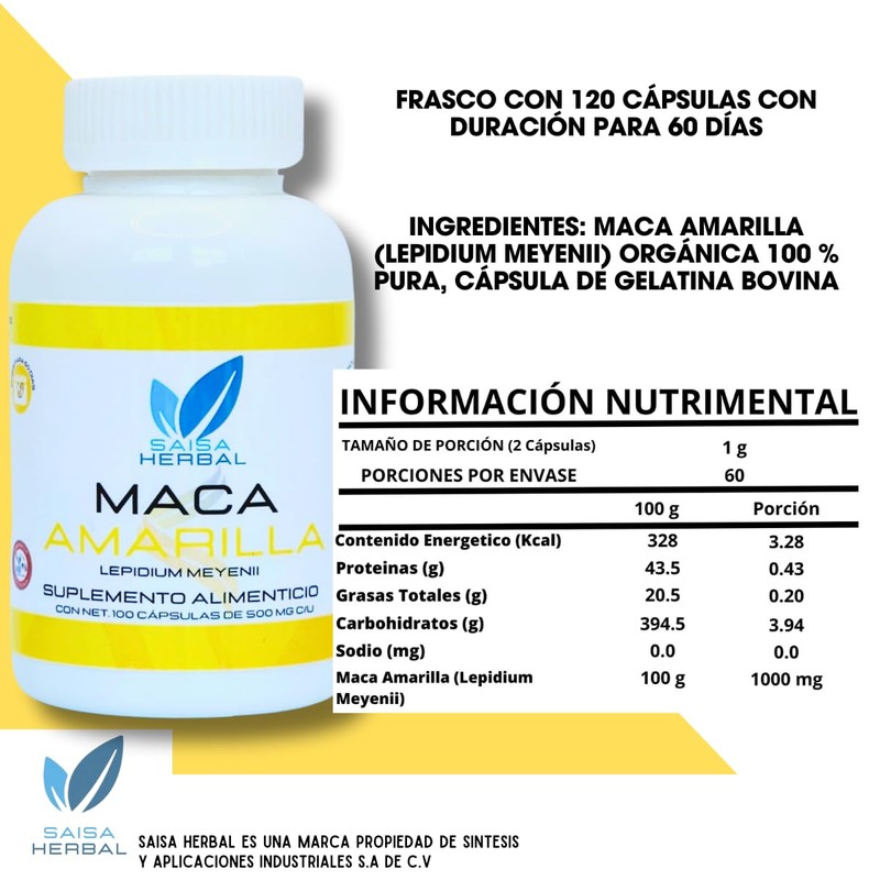 Maca Amarilla Orgánica 100% Pura Con 100 Cápsulas Calidad Premium