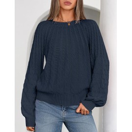 MEROKEETY Women's Fall Cable Knit Sweater 2025 Fashion Warm Crew Neck Lantern Sleeve Chunky Winter Pullover Tops, Navy, Medium