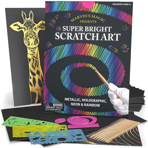 Marvin's Magic - Super Bright Scratch Art - x48 Premium Magic Scratch Boards - Scratch Art Kit With Black Scratch Paper & Rainbow Scratch Paper - Scratch Art For Kids