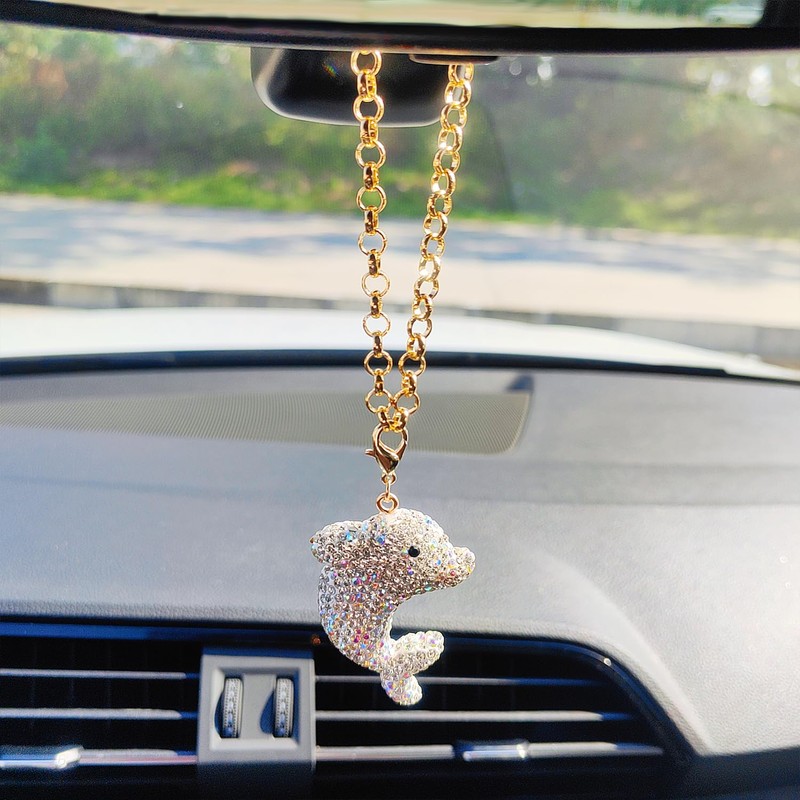 Bling Dolphins Rear View Mirror Accessories, Sparkling Embedded Rhinestones Marine