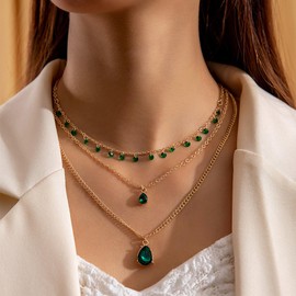 Emerald Layered Necklace for Women Cubic Zirconia Pearl Choker Necklace Green Rhinestone Crystal Flower Choker Necklace Prom Party Weddings Jewelry Gifts for Women (A)