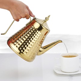 SANQIAHOME Stainless Steel Teapot 1.6L(54oz) 5-6 Cups,with Removeable Infuser,Good Pour,Hammer Patterned, Brew Loose Leaf Tea Bag,Gold