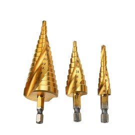 Mengshen HSS Step Drill Bit Spiral Flute 3-Piece Set 4-12mm/4-20mm/4-32mm, HSS Titanium Coated Drilling Tool Multi-Functional Hex Shank High Speed Steel with Storage Bag