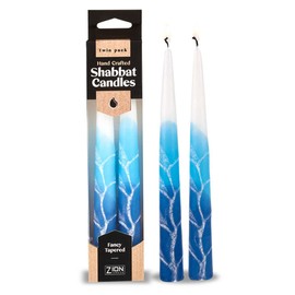 Artistic Thick Taper Shabbat Candle Set 7.5" Inch Tall Hand Crafted Fancy Tapered Candles 7/8" Base Shabbos Candle Lighting Blessing on Box - Blue Elegance Twin Pack by Zion Judaica