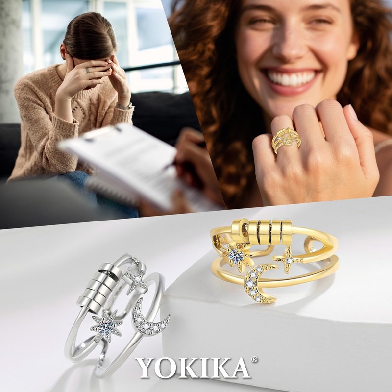 YOKIKA 14K Gold Plated Anxiety Ring Adjustable Fidget Ring Stacked