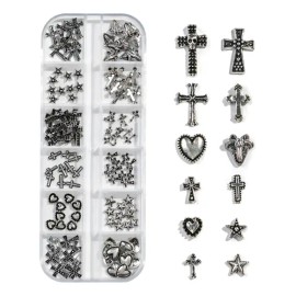 120pcs Gothic Metal Nail Charms Cross Heart  Star Accents                                                                                             