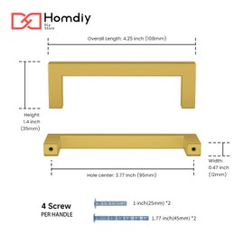 homdiy Brushed Brass Cabinet Pulls Gold Drawer Pulls 12 Pack 3-3/4(96mm)-HDJ12GD Gold Kitchen Hardware Kitchen Cabinet Handles Brushed Gold Cabinet Pulls Square