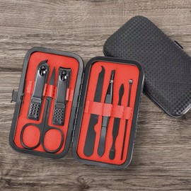7 Piece Professional Manicure Pedicure Nail Clipper Set Mens & Womens Travel Grooming Kit Includes Eyebrow Scissors, Tweezers, Nail Clippers for fingernail, toenail and Facial Care Black Compact case