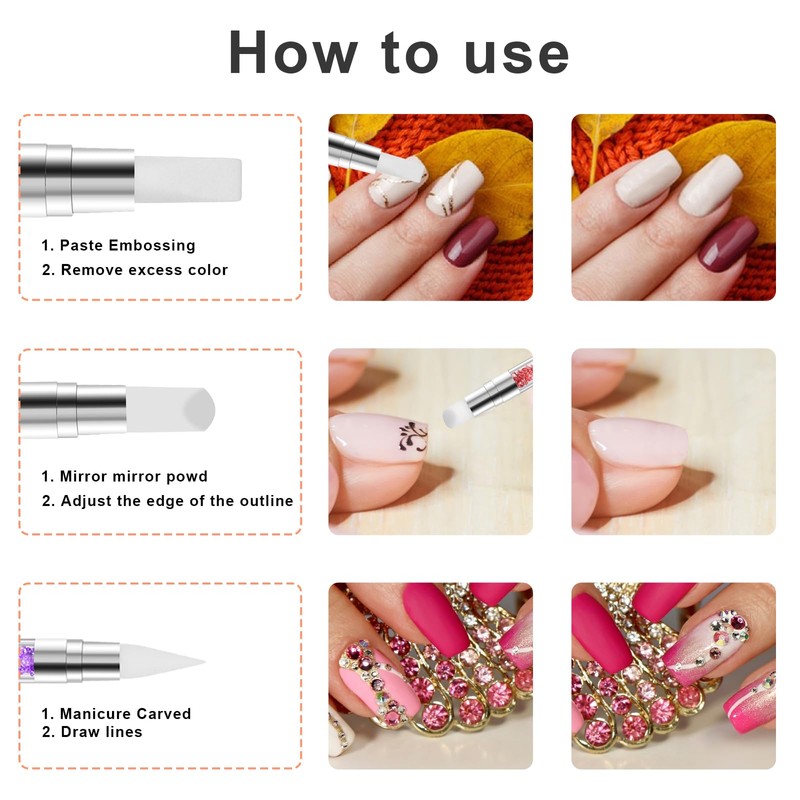 10PCS Nail Art Gel Carving Pen Rhinestone Handle Silicone Nail