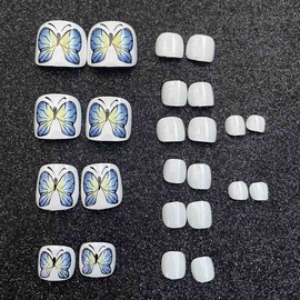 Wedity 24pcs Square Butterfly Fake Toenails Crystal Line Glossy Press on Toe Nails Short Acrylic False Toes Nails Artificial Toenail for Women Girls (D)