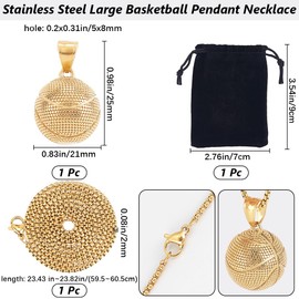Beebeecraft 1 Box Golden Basketball Pendant and Chain with Velvet Bag Large Sports Ball Hip Hop Punk 304 Stainless Steel Necklaces for Men Father Friend Sports Bar Jewellery Birthday Decoration