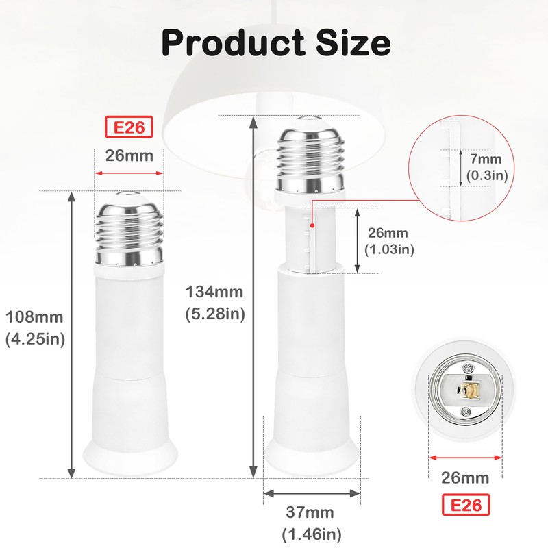 2 Pack E26 Light Socket Extender, ATREFUU 5-Level Extension Length