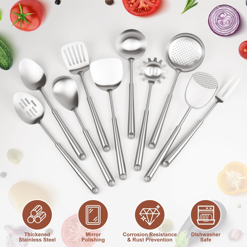 304 Stainless Steel Cooking Utensils Set, 10pcs Long Metal Kitchen