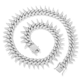 HUITIAN INTL Cuban Link Chain for Men Women Iced Out Chain with Thorns Diamond Cubic-Zirconia 18k Silver-Plated Titanium Bling Miami Necklace Hip Hop Accessories