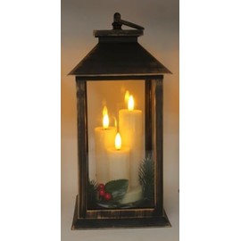 Rustic Large Bronze and Gold Lantern with 3 LED Flicker Flame Candles 27cm Tall with Handle