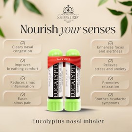 SniffElixir Eucalyptus Inhaler for Adults - 2 Pack Eucalyptus Nasal Inhaler with Essential Oils, Natural Aromatherapy Nasal Stick Inhaler for Breathing, Portable Nasal Inhalers for Aromatherapy Stick