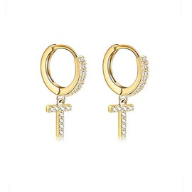 14K Gold Plated Cubic Zirconia Initial Earrings Delicate Small Hoop Earrings Hypoallergenic Letter T Earrings for Women Girls