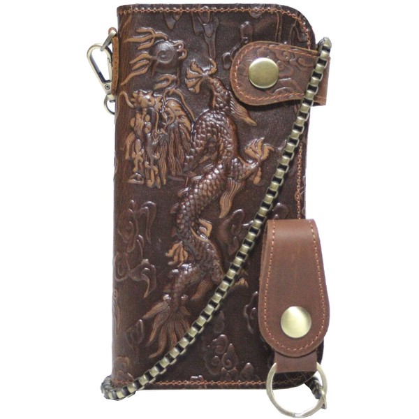 Belkut Genuine Leather Dragon Bi-Fold Long Wallet with Wallet Chain,