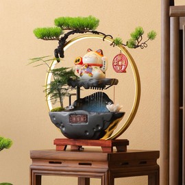 TXYXT Desk Waterfall Fountain Indoor with Chinese Ceramic Lucky Cat Waving Arm Figurine,Tabletop Mini Water Fountain Decoration with Mist，Adjustable LED Light Ring and Backflow Incense Burner Holder