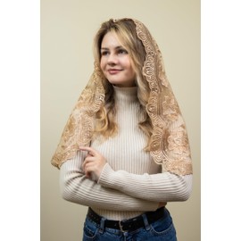 Maria Catholic Mantilla Mass Veil - Church Lace Spanish Chapel Head Covering (Gold)