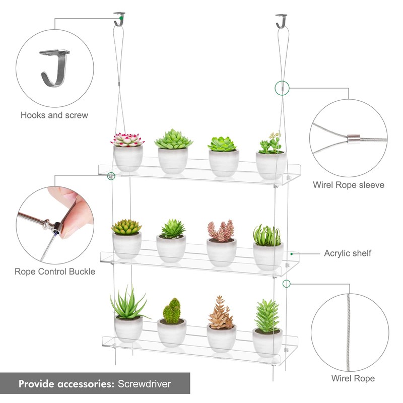 3-Tier Clear Hanging Window Plant Shelves 16In, Height Adjustable Acrylic