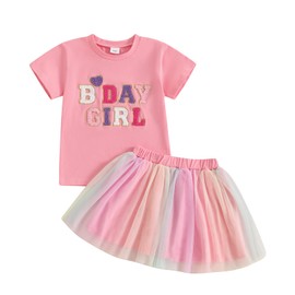 Kayotuas Toddler Baby Girl Birthday Outfit Birthday Girl T Shirt Tutu Tulle Skirt Set Happy Birthday Dress Clothes for Kids (Pink, 4-5T)