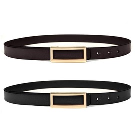 MoYoTo Women's 2 Pack Reversible Leather Belt Thin Waist Belt For Jeans Pants Dresses with Gold Square Buckle, Black+coffee, Suit Waistline 32”-39”