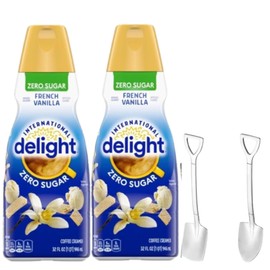 Candy Freezer International-Delight Liquid Coffee Creamer.- Two (2) 32 fl oz Bottles of Sugar Free Creamy Smooth Delightful Coffee Creamer and Mini Metal Spoons (French Vanilla Zero Sugar) Shovel Spoons