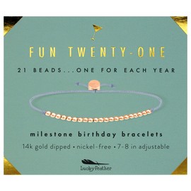 Lucky Feather 21st Birthday Gifts For Women - 14K Gold Dipped Beads Bracelet on Adjustable Cord, Birthday Gifts For Her, Women Turning 21