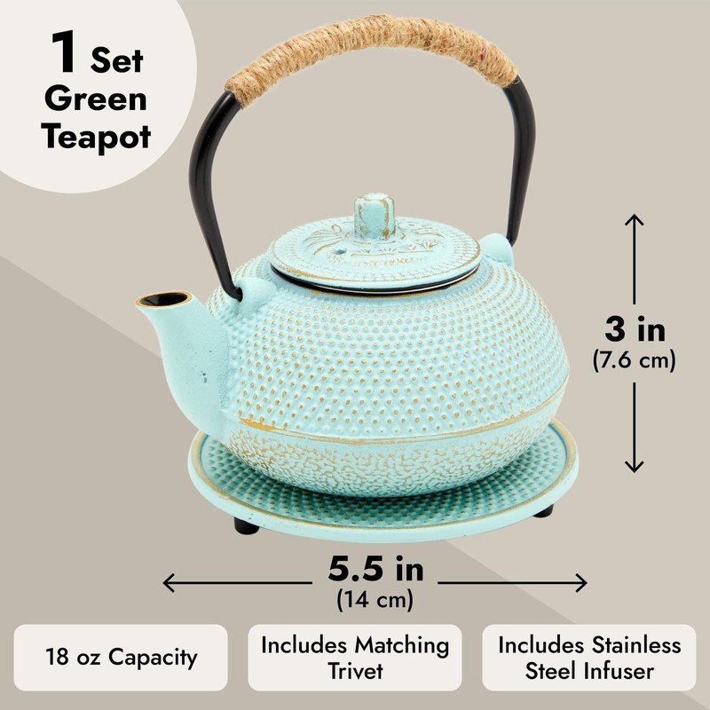 Juvale Cast Iron Tea Kettle with Infuser - Green, 18
