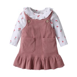 Awxoder Infant Baby Girl Clothes Dress Set Flower Print Bodysuit Long Sleeve Corduroy Overall Dress, Pink, 3-6 Months