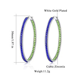 CiNily Womens Hoop Earrings Stainless Steel Blue and Green Cubic Zirconia Large Big Hoop Earrings Hypoallergenic for Sensitive Ears 50 mm