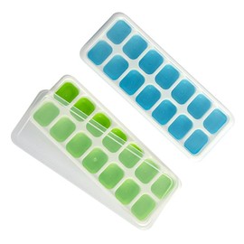 Ice Tray, Ice Cube Tray with Spill-Resistant Lids, Ice Cube Tray,2 Packs 28 Cubes, Easy-Release, Stackable, Reusable Ice Tray, for Cocktail, Coffee, Beer, Drinks (2, Green,Blue, 9.9 x 3.9 inch)