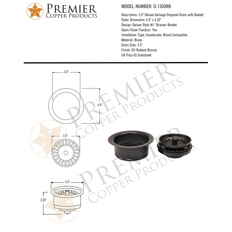 Premier Copper Products D-130ORB 3.5-Inch Deluxe Garbage Disposal Drain with