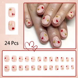 24 Pcs Valentine's Day Press on Nails Short Square Heart Fake Nails Red Gold Love Heart False Nails Glue on Nails Reusable Valentines Artificial Nails for Women Girl Holiday Nail Decoration