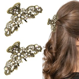2PCS Rhinestone Hair Claw Clips for Women Fancy Claw Clips (Gold)
