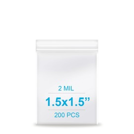 1.5''x 1.5'', (Pack of 200) 2 mil Thick Clear Plastic Reclosable Zip Poly Bags with Resealable Lock Seal Zipper for Photo, Jewelry, Bakery, Treats, Travel, Storage, Packaging & Shipping