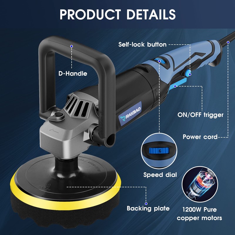 Buffer Polisher, Rotary Buffer 1200W, Car Buffing Kit with Speed