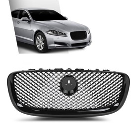 G-PLUS Front Center Upper Mesh Grille W/Emblem Compatible with Jaguar XF XFR 2012-2015 Gloss Black Grill