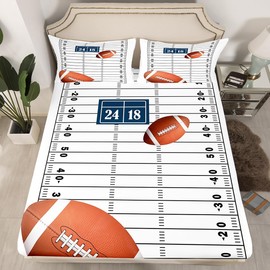 Football Fitted Sheet Queen Size Kids Rugby Bedding Set for Boys Girls Teens American Football Bed Sheet Set Breathable Sports Theme White Bed Cover Deep Pocket Room Decor