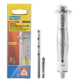 Rapid Hollow Wall Anchors, Pack of 10 Heavy Duty Metal Plasterboard Fixings for 6-21 mm Wall Thickness, 40 kg Load, Cavity Wall Fixings, Wall Plugs, Plasterboard & Chipboard Plugs (5001550)