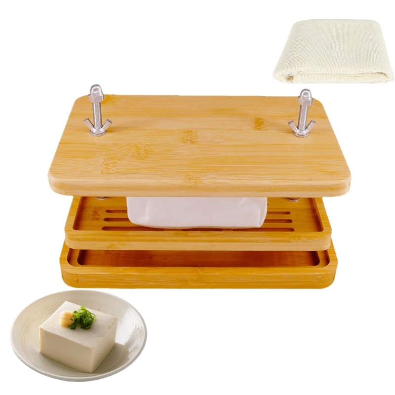 Tofu Press,Large Bamboo Tofu Press with Tofu Strainer,Drip Tray and
