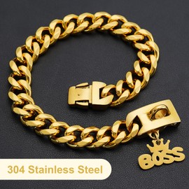 Gold Dog Collar Chain with Pendant Tag,Stainless Steel Walking Metal Chains Collars,19MM Wide,Heavy Duty Cuban Link Strong Chew Proof for Medium Large Dogs(14inch)