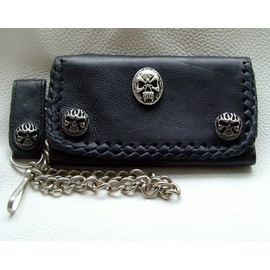 Biker Leather Wallet with Studs Bad-Skull Leather Colour Black 16 x 10 cm with Chain and Loop with Press Stud, black, Classic