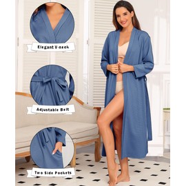 Lovasy Waffle Dressing Gowns for Women UK Cotton Lightweight Spa & Bath Robes for Women Ladies Kimono Dressing Gowns Women's Full-Length Robes with Pockets for Hotel Nursing Pregnancy,Blue,XL